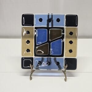 Decorative Fused Glass Art Plate Blue Black Beige Geometric Design Glass Art